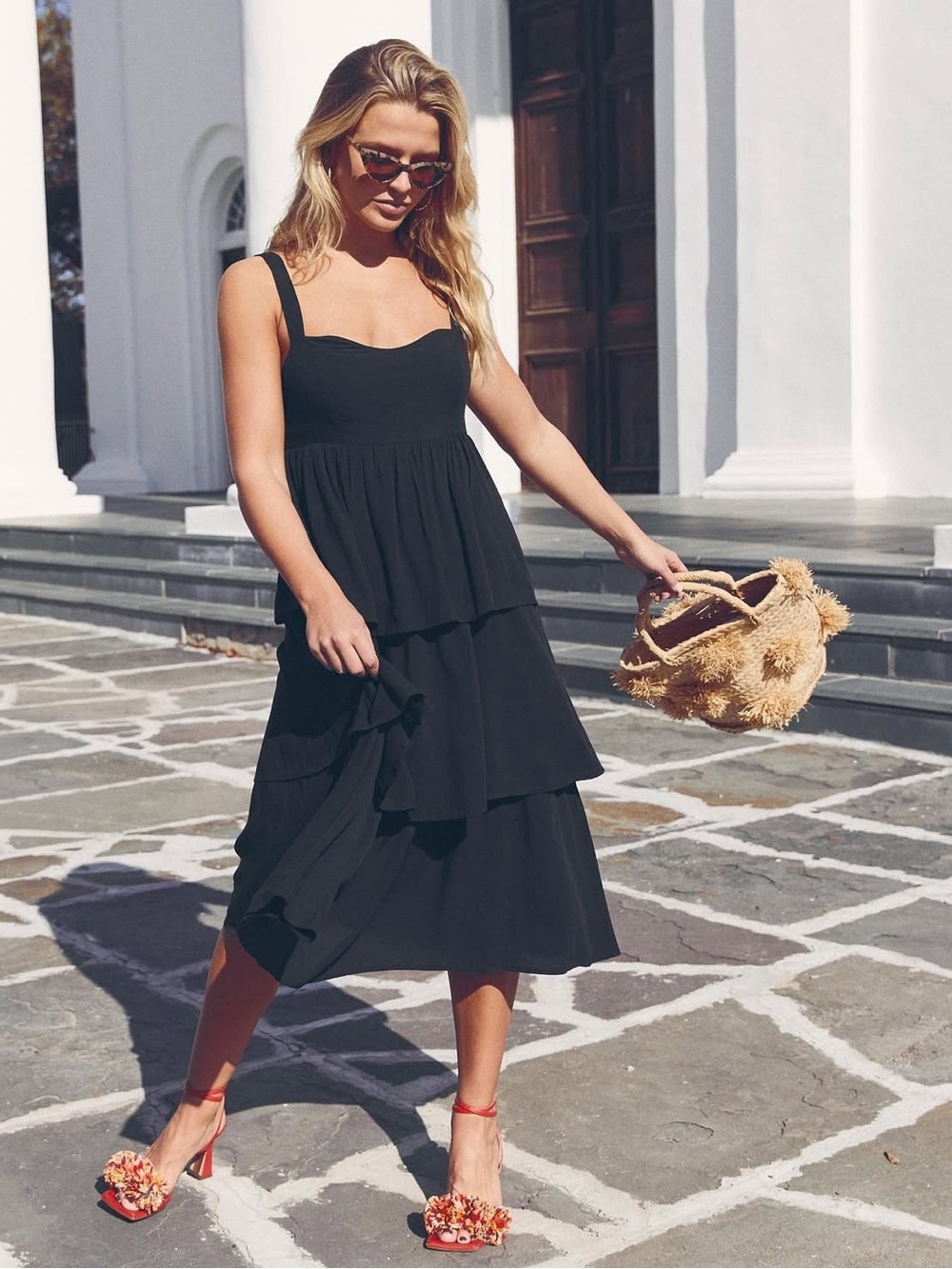 Teza Collection Black Tiered Midi Dress with Adjustable Tie Straps NWT